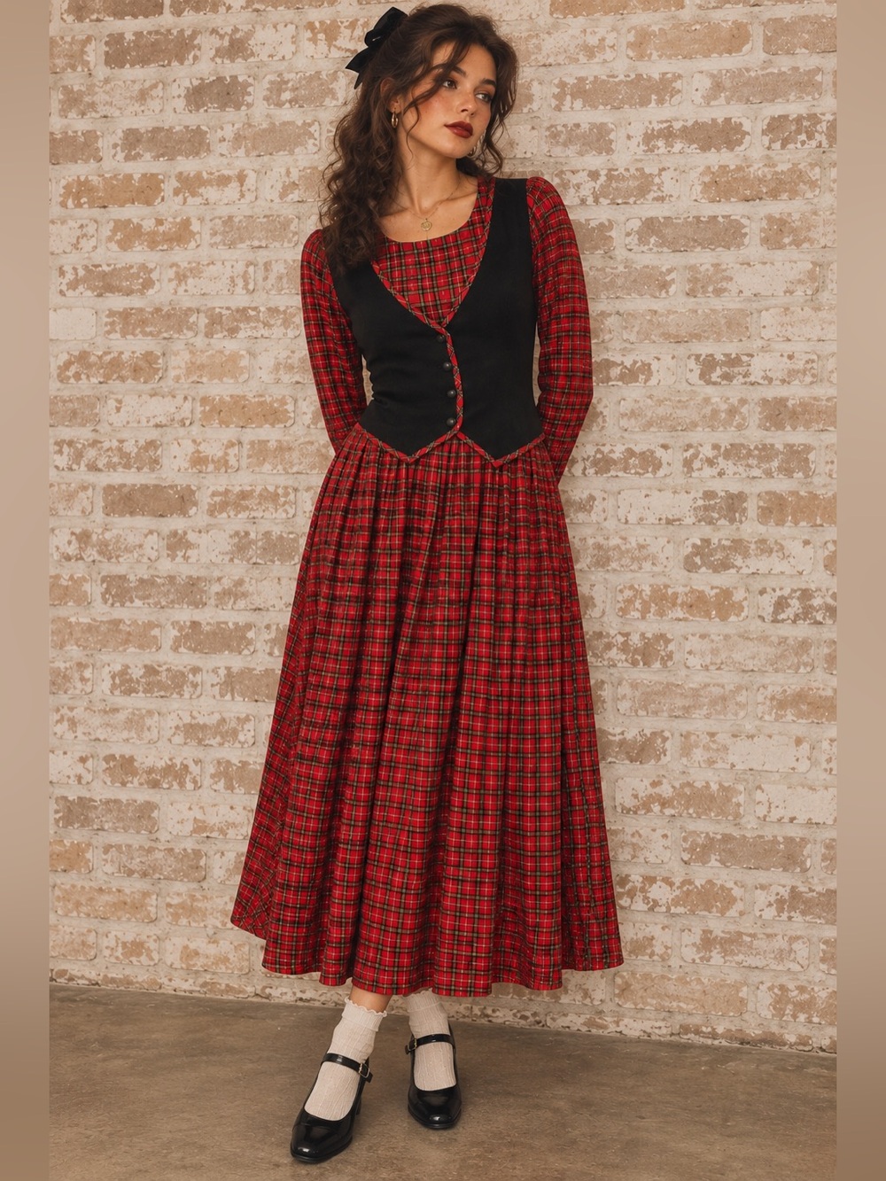Vintage FADS Red Tartan Plaid Vest Dress Size 8 Grunge Punk Dark Academia 90s